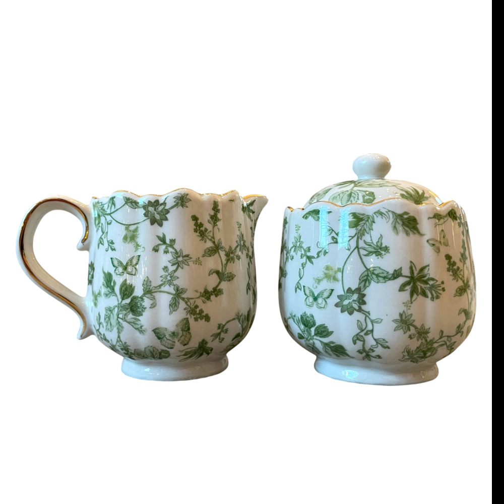 Grace Teaware Fine Porcelain Creamer & Sugar Bowl Green & White Floral New